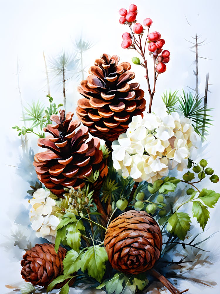 Vintage Autumn Botanical Print – Warm Flowers & Pinecones Wall Art