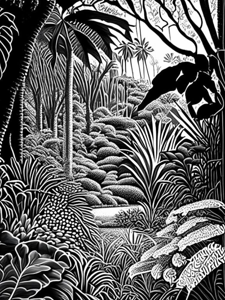 Royal Botanic Gardens, Melbourne, Australia Linocut Black And White Vintage