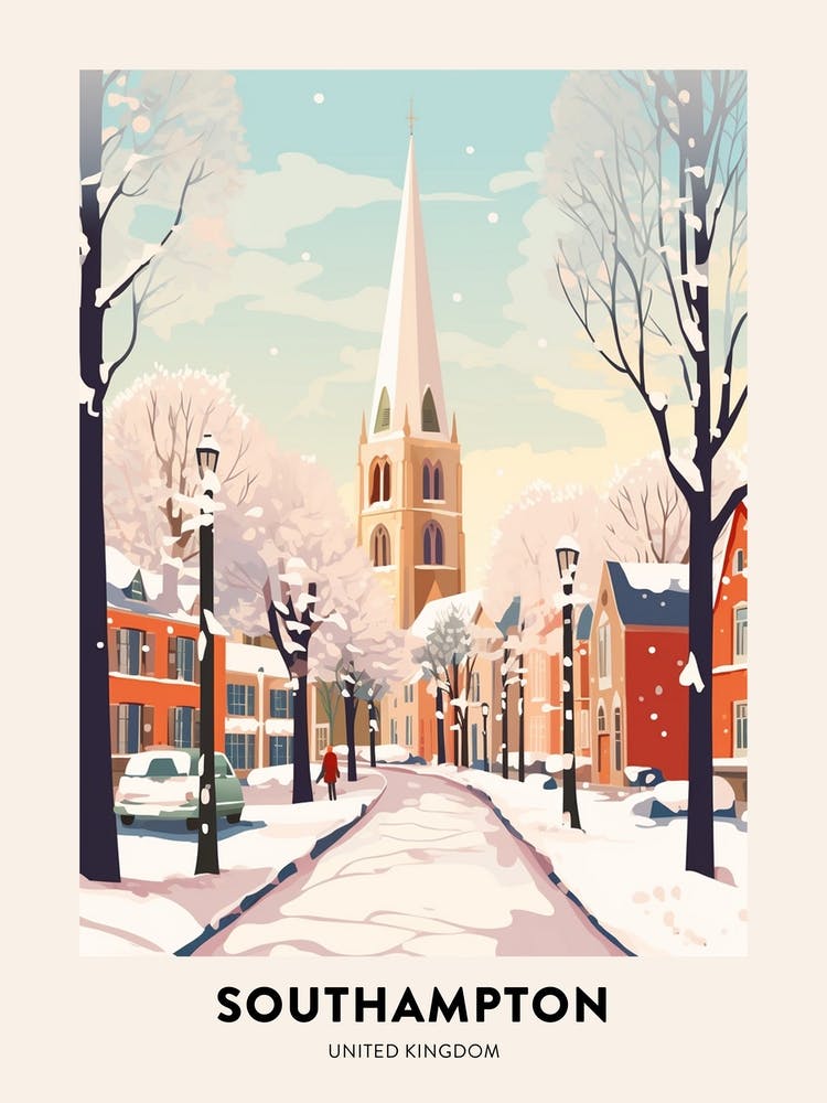 Vintage Winter Travel Poster Southampton United Kingdom 2