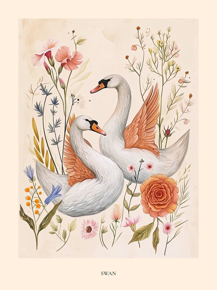 Folksy Floral Animal Drawing Swan 2 Poster