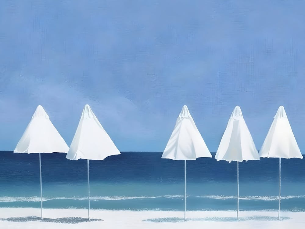 White Umbrellas On The Beach
