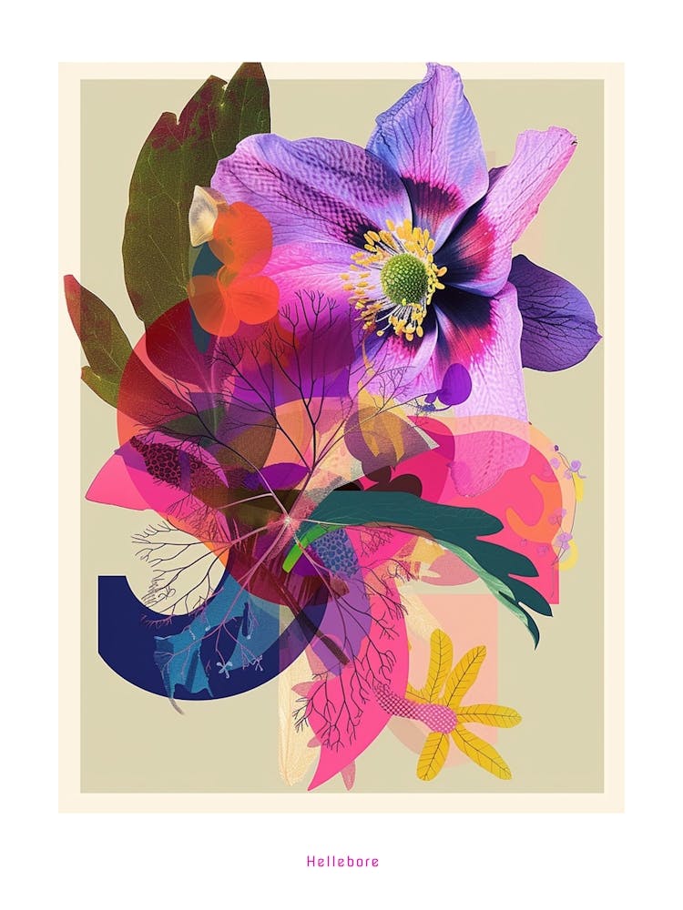 Hellebore 2 Neon Flower Collage Poster