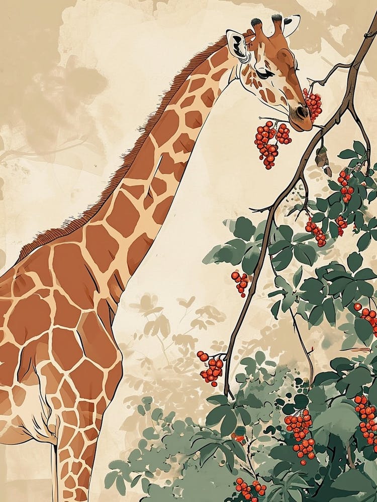 Giraffe Eating Berries Modern Illustration 3