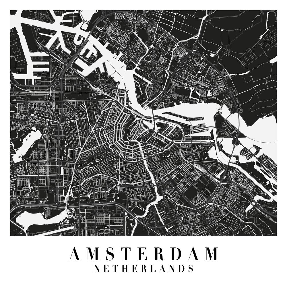 Amsterdam Netherlands Minimal Black Mono Street Map  Square