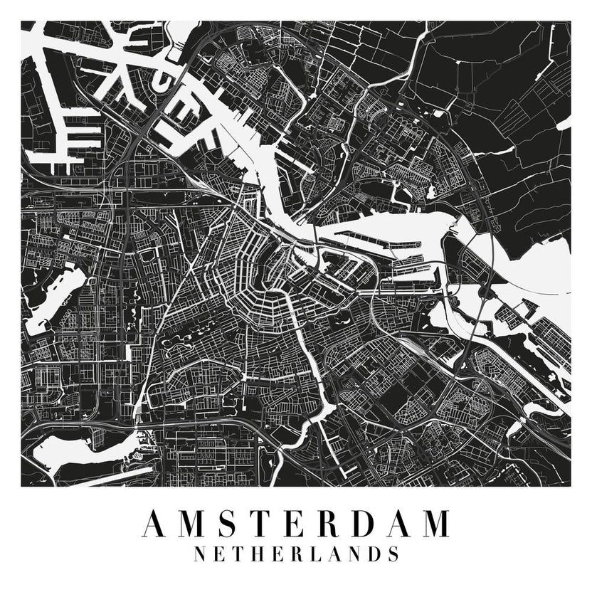 Amsterdam Netherlands Minimal Black Mono Street Map  Square