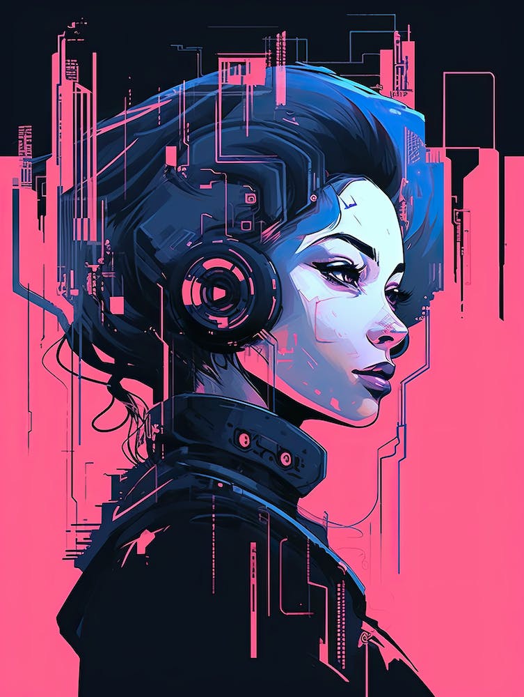 Girl With Headphones, neon pink art