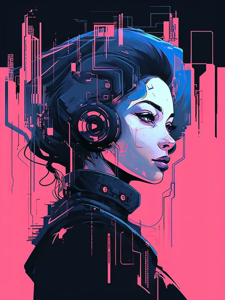Girl With Headphones, neon pink art