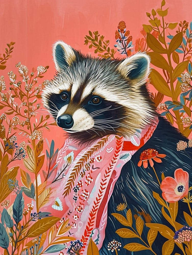 Floral Animal Painting Raccoon 1