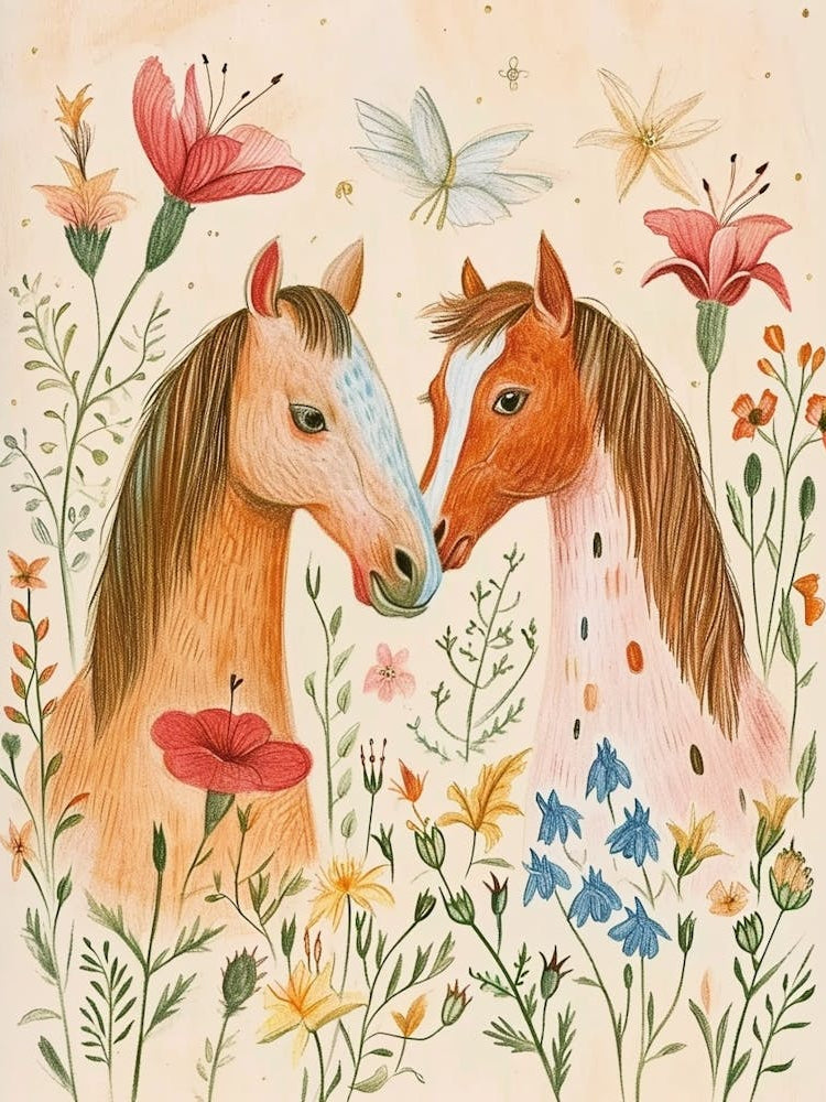 Folksy Floral Animal Drawing Horse