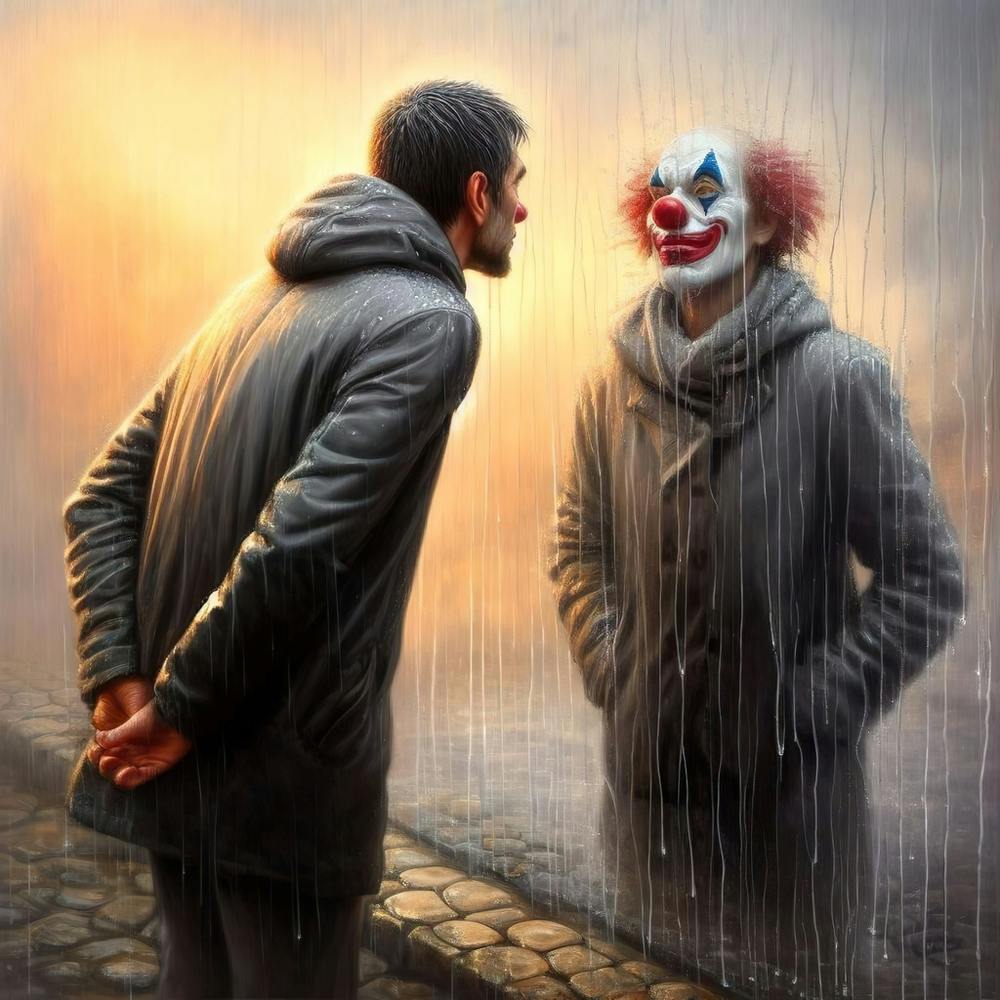 Guy Looking at reflection and see himself as a clown