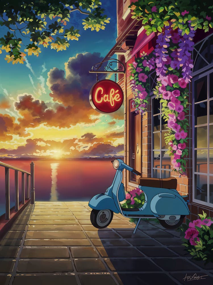 Anime Canvas Art: Vibrant Café Scene at Sunset with Vintage Scooter, Blooming Flowers, and Reflective Water, Perfect for Lofi Aesthetic and Nostalgic Urban Lovers.