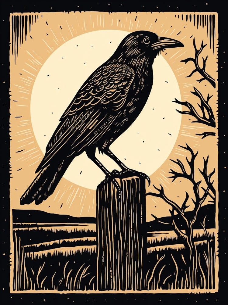 B&W Bird Linocut Crow 1