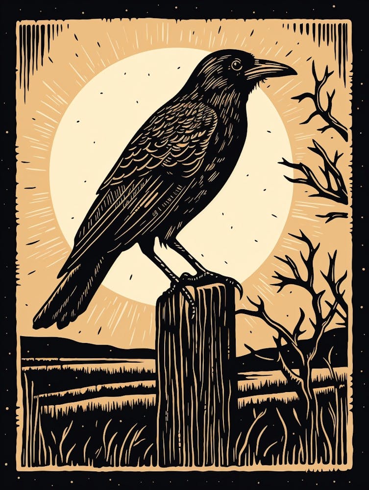 B&W Bird Linocut Crow 1