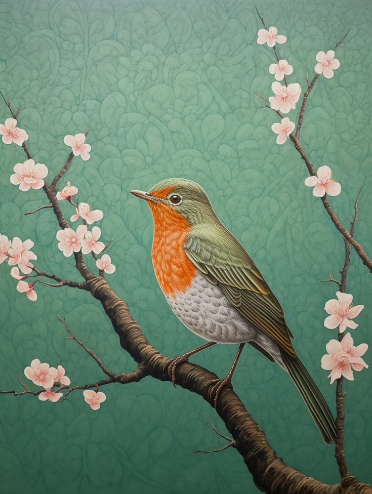 Ohara Koson Inspired Bird Painting Robin 1