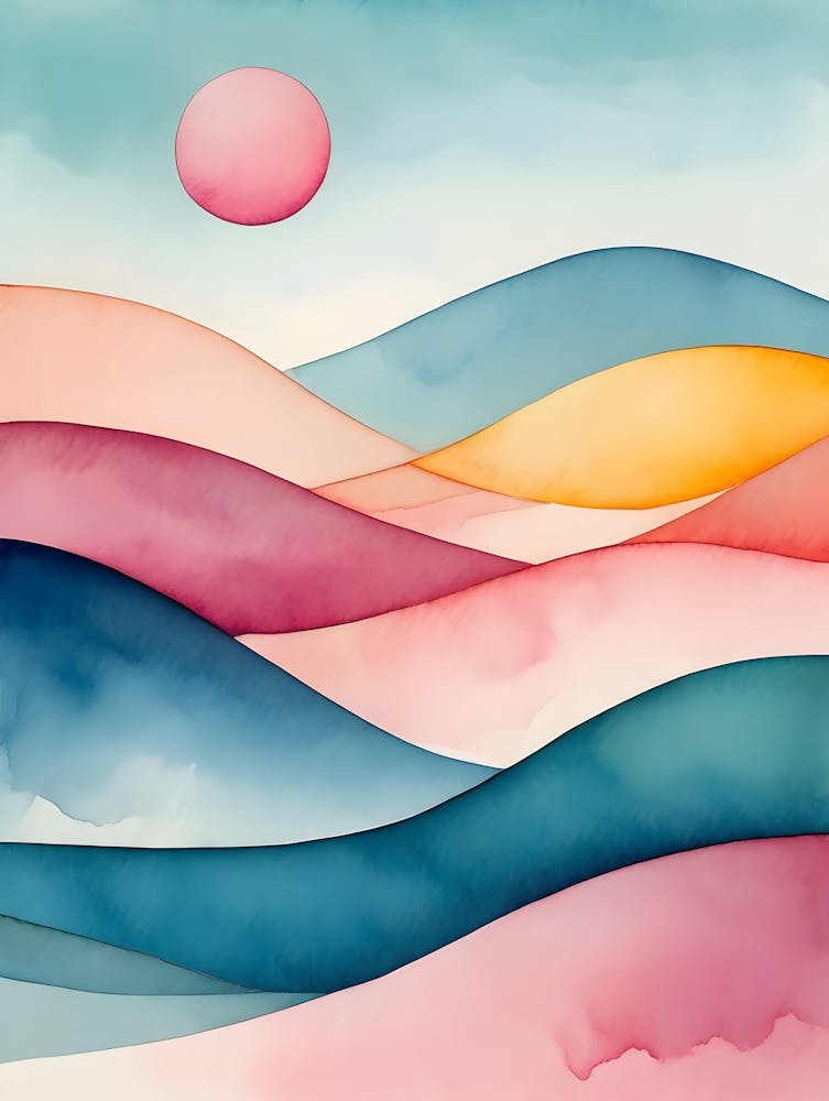 Calming Abstract Watercolor Landscape Print - Colorful Hills Wall