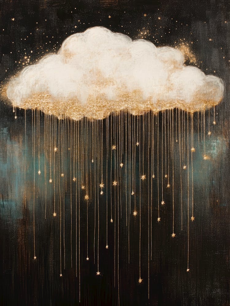 Golden rain from moody cloud painting in dark and warm gold tones in a minimalist luxe aesthetic, surreal celestial art in the style of Gustav Klimt ideal for bedrooms, luxe livng rooms, entryways, modern interiors 3