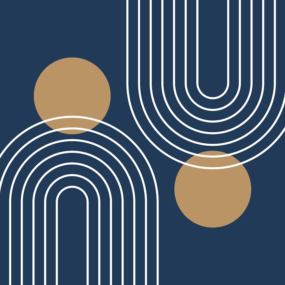 Mid Century Modern Geometric C20 In Navy Blue And Camel (Rainbow And Sun Abstraction) 02