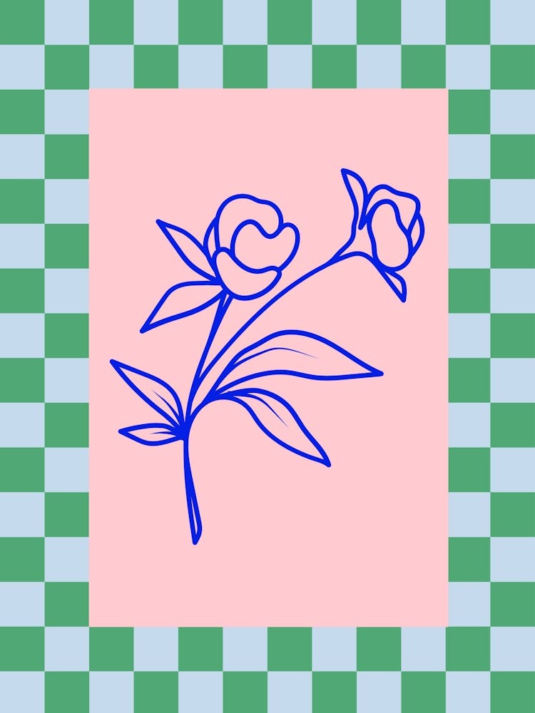 Modern Checkered Flower Poster Blue & Pink 7