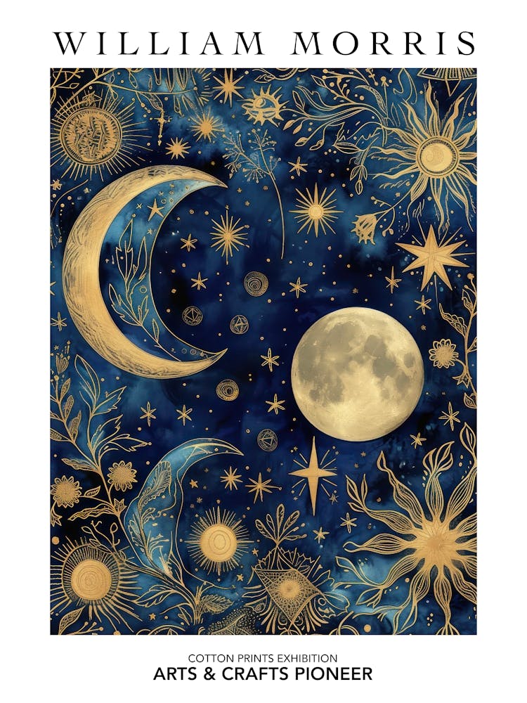 William Morris Print Moon Stars Celestial Poster Vintage Wall Art Textiles Art Vintage Poster