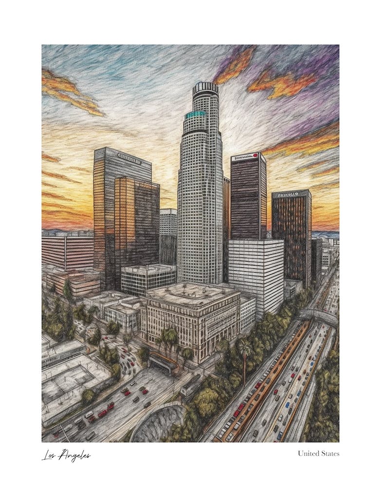Los Angeles United States Drawing Pencil Style 3 Travel Poster