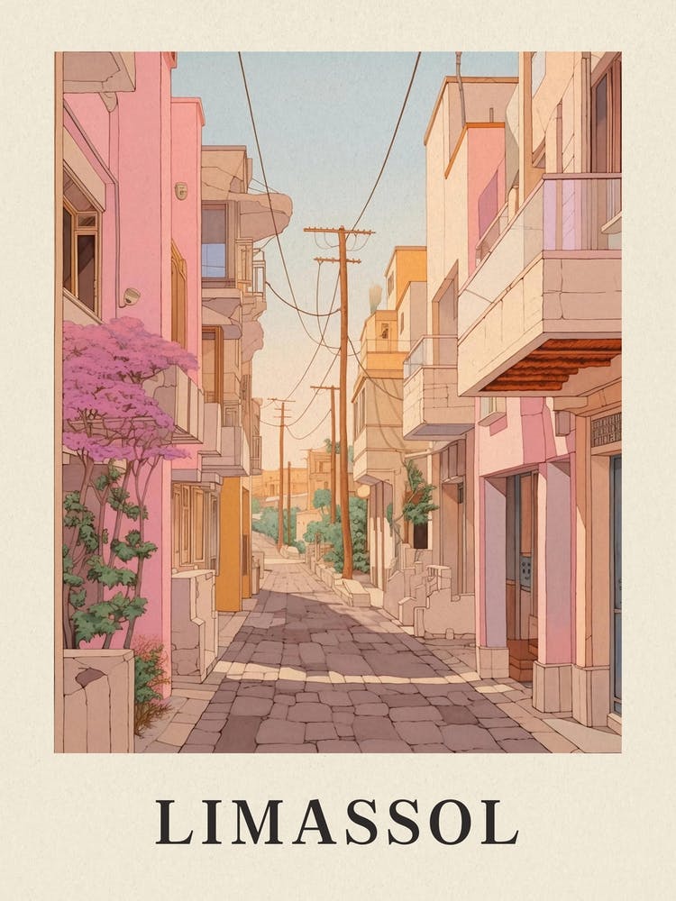 Limassol Cyprus 3 Vintage Pink Travel Illustration Poster