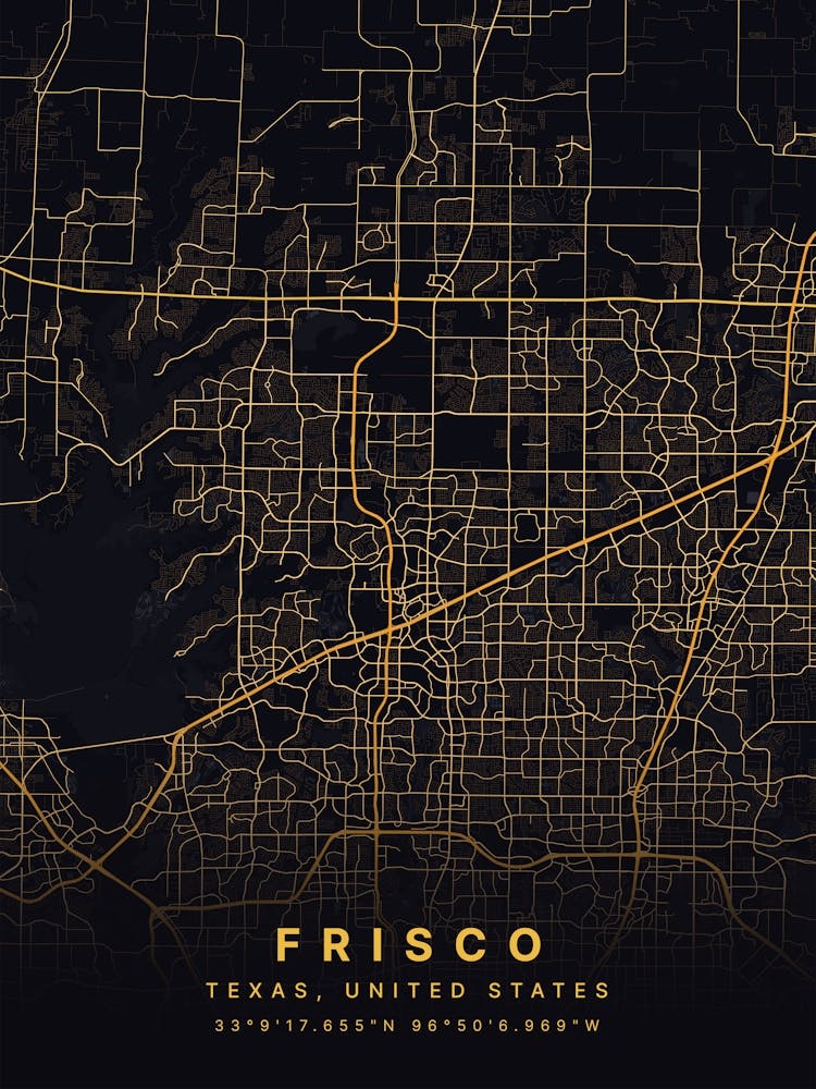 Frisco Texas USA Black And Gold Map