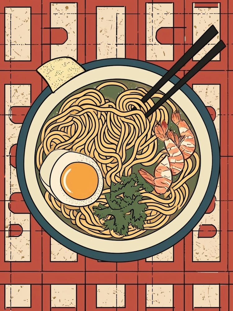 Ramen With Boiled Eggs On A Tiled Background 2