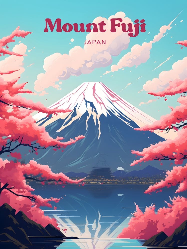 Mount Fuji Japan Sakura Modern Travel Art