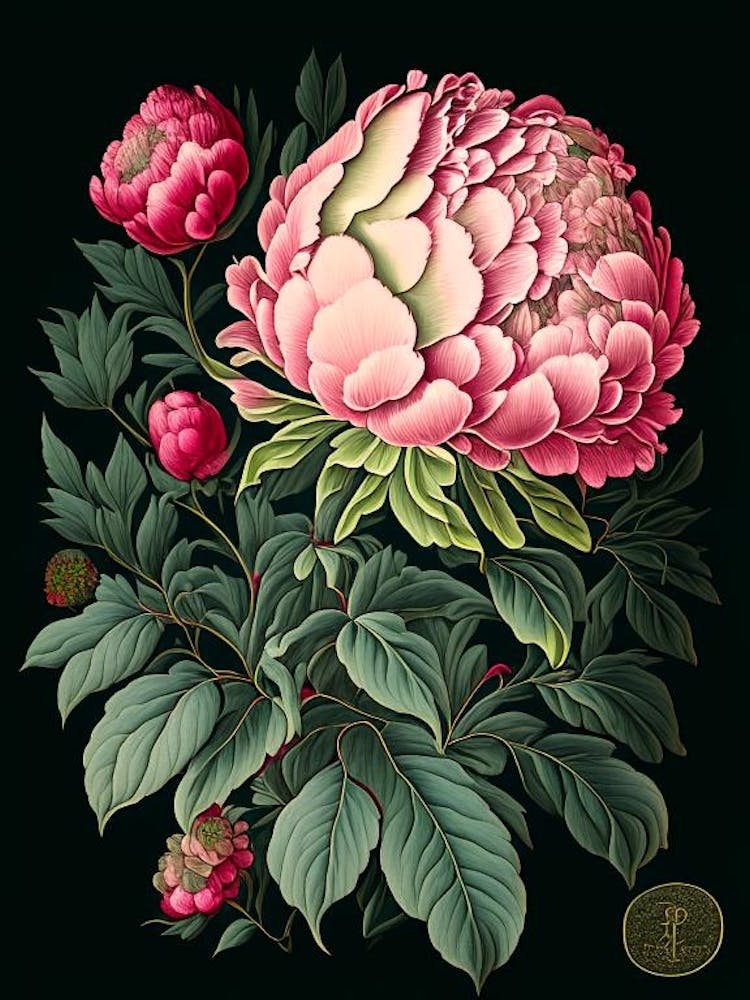 Karl Rosenfield Peonies Black Vintage Botanical
