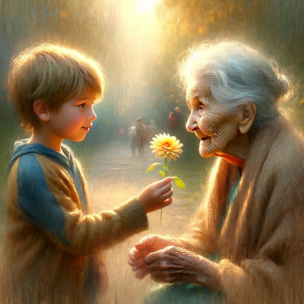 Boy With Flower And Grandma