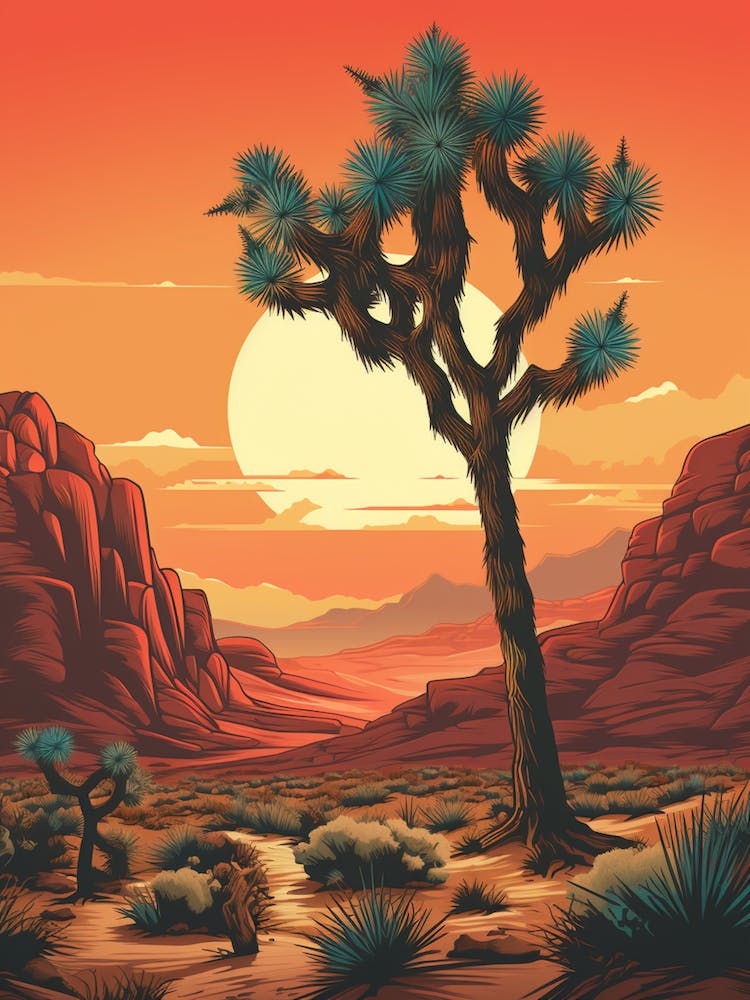 Retro Illustration Of A Joshua Tree At Dawn In Desert 1