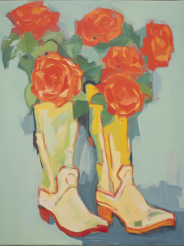 Painting Of Roses Flowers And Cowboy Boots, Oil Style 5