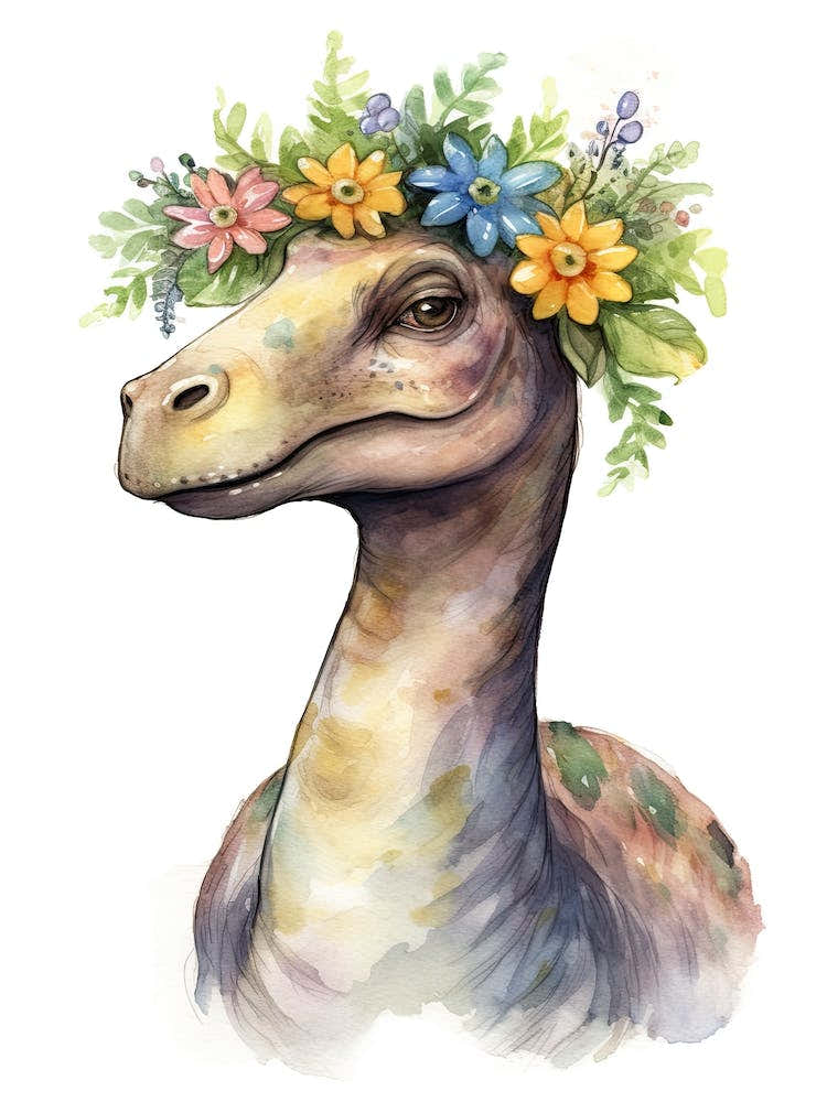Brachiosaurus With A Crown Of Flowers Cute Dinosaur Watercolour 2