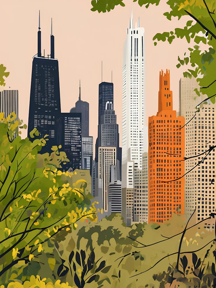 Retro Chicago Poster - Chicago Skiline USA Travel Wall Art - Vintage Chicago Oil Painting