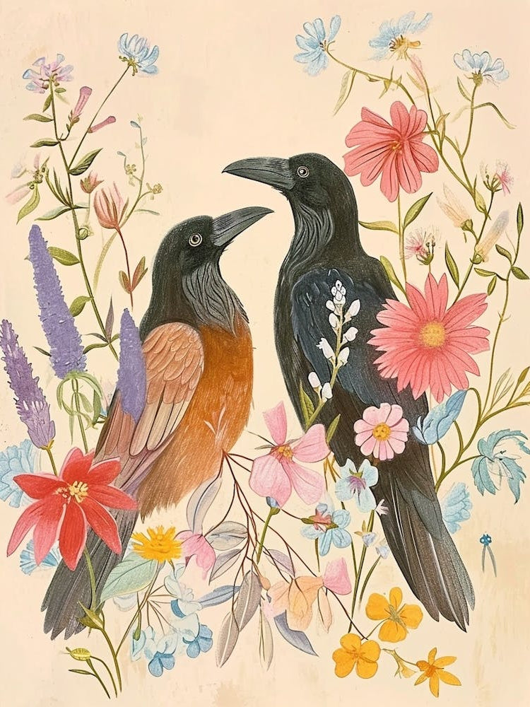 Folksy Floral Animal Drawing Raven 4