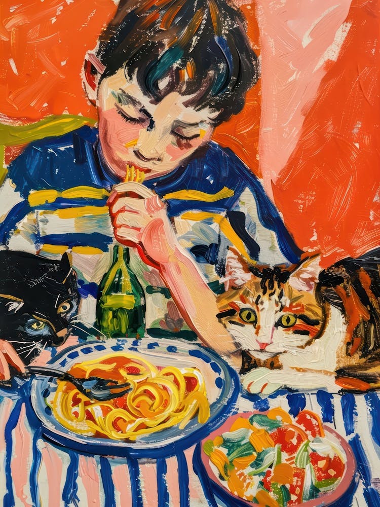 Portrait Of A Boy With Cats Having Pasta 4