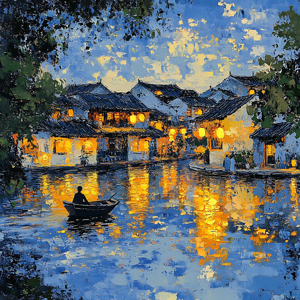 Peaceful Village Waterway Night Scene 3