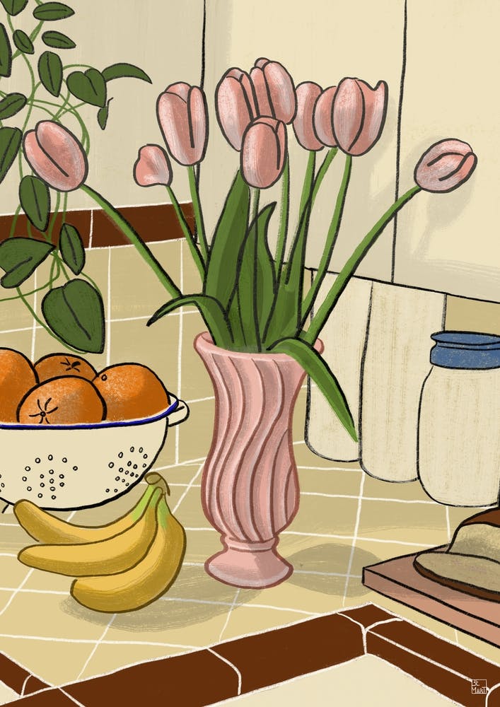 Kitchen Still Life With Pink Tulips