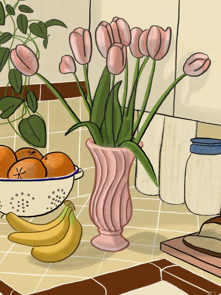 Kitchen Still Life With Pink Tulips
