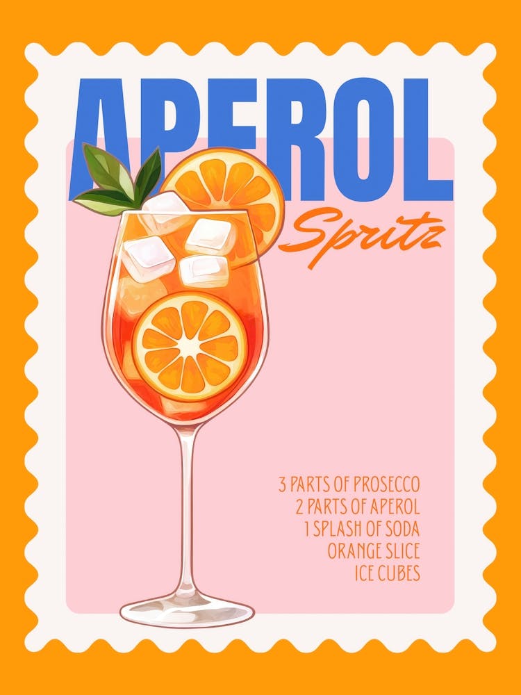 Lebendige Aperol Spritz Sommergetränk Wandkunst in Leuchtrosa, Orange und Blau für kühne Retro-Barwagen-Deko oder als Einzugsgeschenk für Getränkeliebhaber