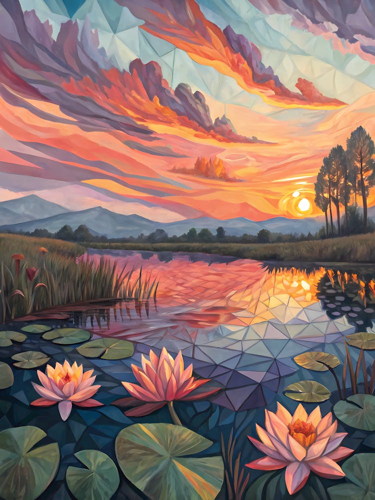 Van Gogh – Geometrischer Teich, lebhafter Sonnenuntergang & Seerosen