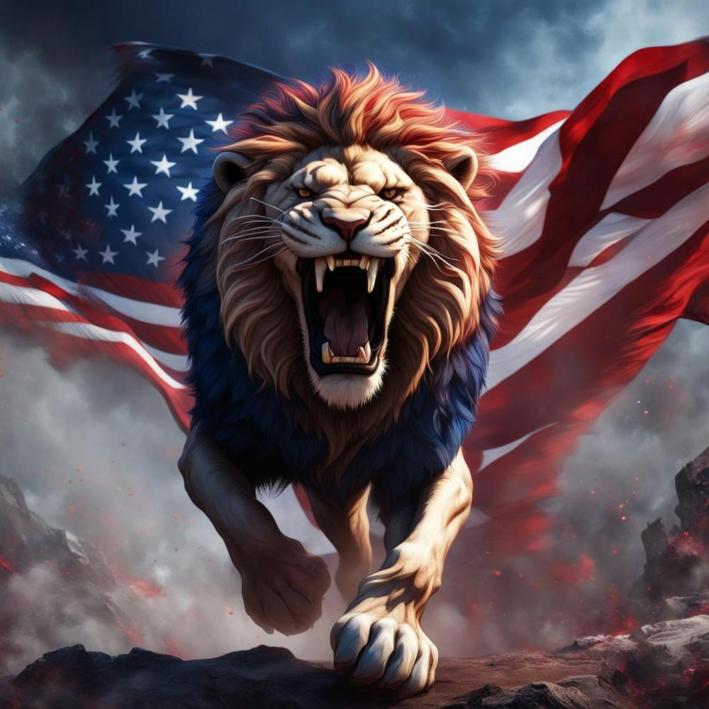 Roaring Lion With American Flag
