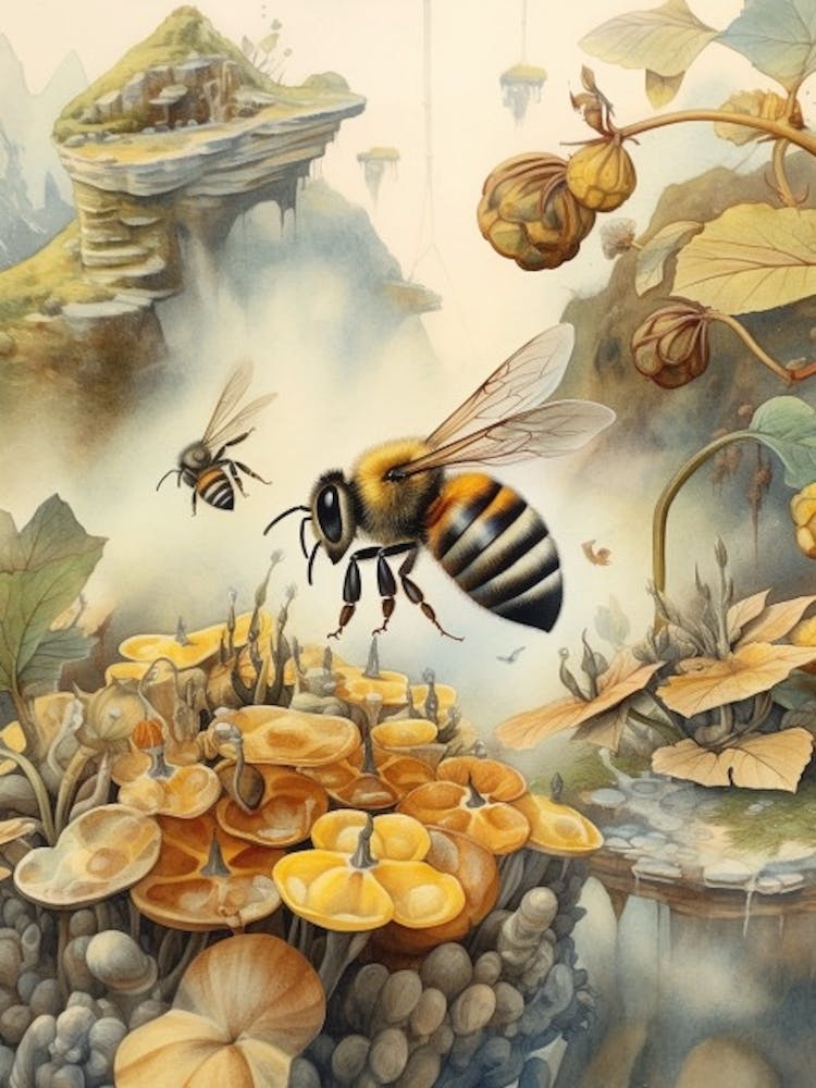 Illustration Aquarelle Abeille Fleurie aux Pattes Poilues Ruche 4