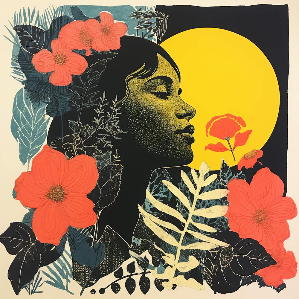 Risograph Style Abstract Girl & Flowers