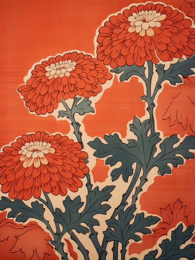 Kiku Chrysanthemum 3 Vintage Botanical Woodblock