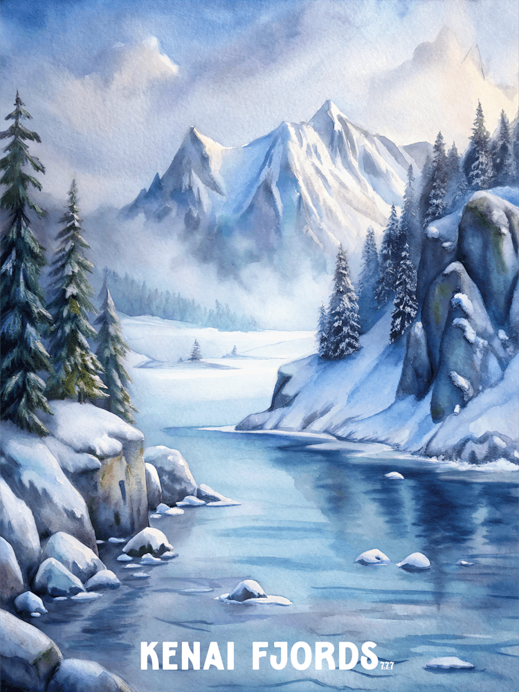 Kenai Fjords National Park Watercolor Painting Landscape