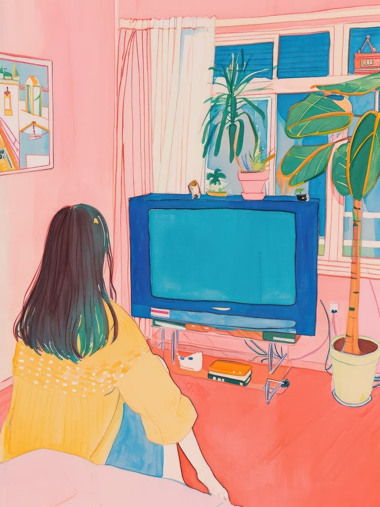 Girl Watching Tv Lo Fi Kawaii Illustration 2