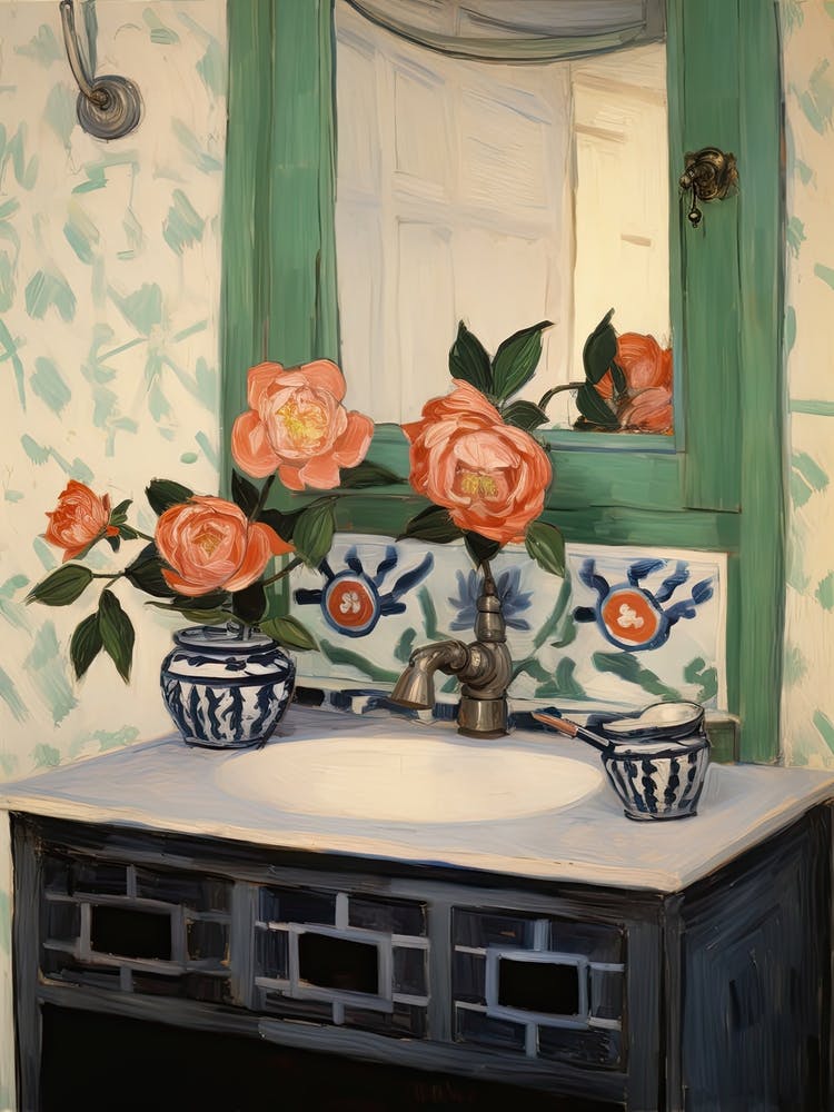 Bathroom Vanity Painting With A Camellia Bouquet 1