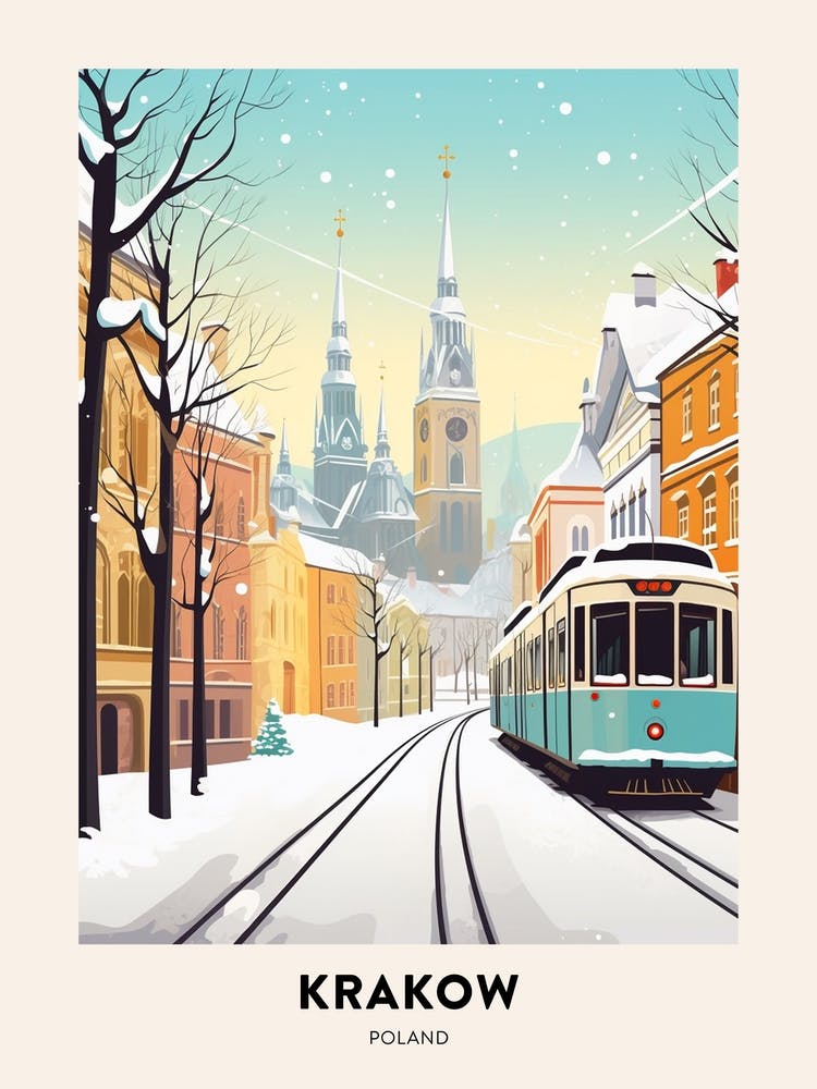 Vintage Winter Travel Poster Krakow Poland 4
