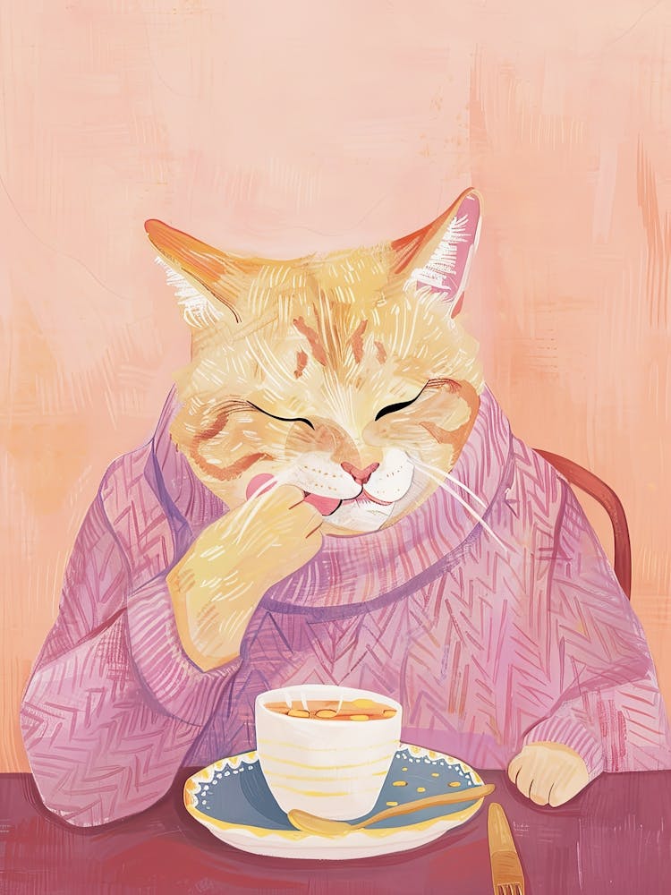 Tan Cat Having Breakfast Folk Illustration 3